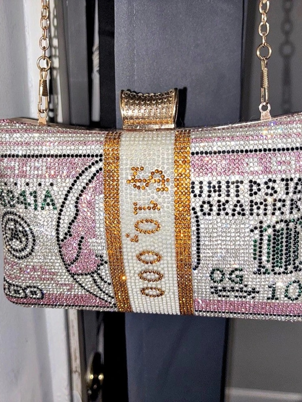 Rhinestone Money Print Chain Clutch in Pink & White